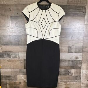 Catherine Deane Women’s Size 12 Dress Black Ivory Faux Leather Bodycon Paneled